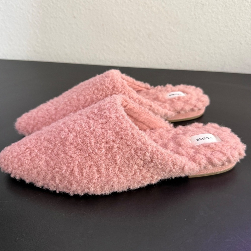 Birdies Teddy Fuzzy Shearling Pointed Toe Pink Slipper Slides Size 8 Mule Cozy